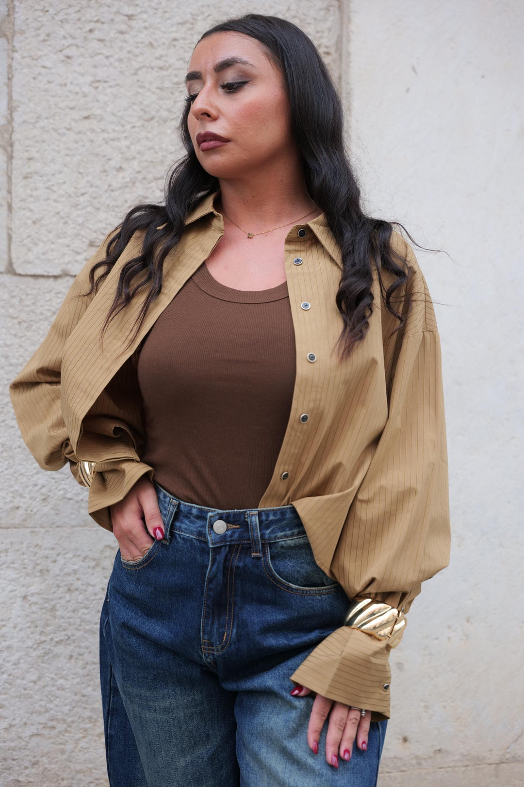 Camicia Pinstripe Camel