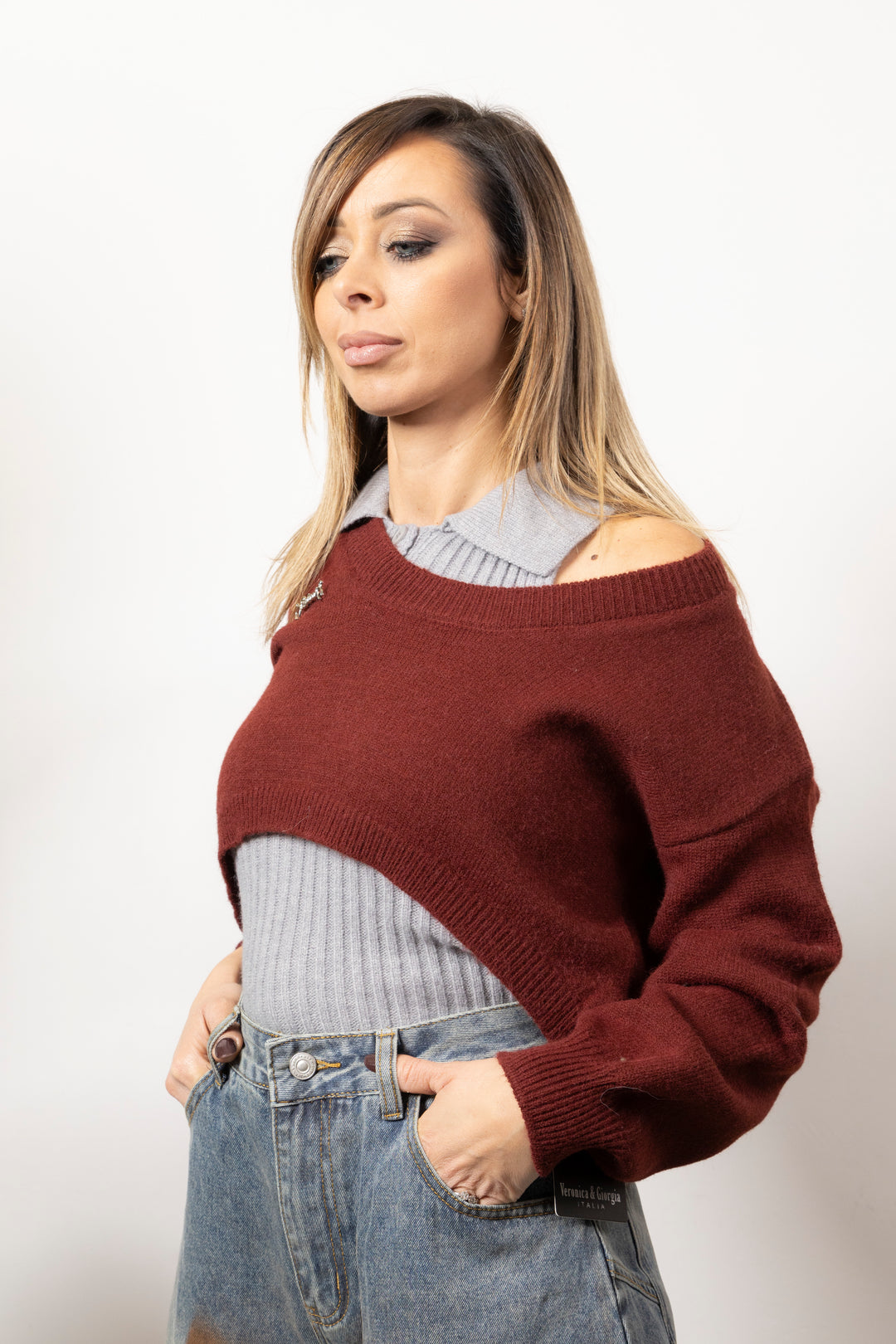 Set Layered Polo & Crop Knit